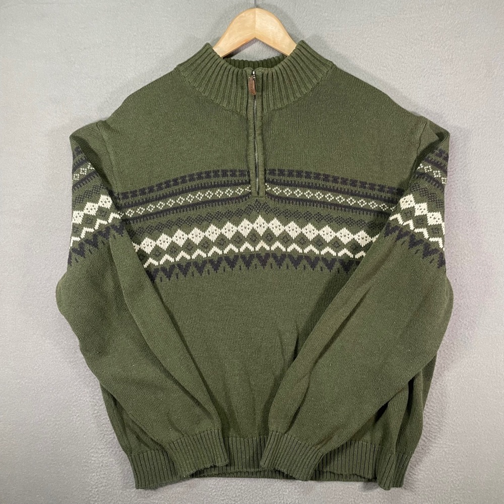 St John's Bay XXL Olive Fair Isle Nordic Quarter Sweater‎ Men's Cotton Pullover